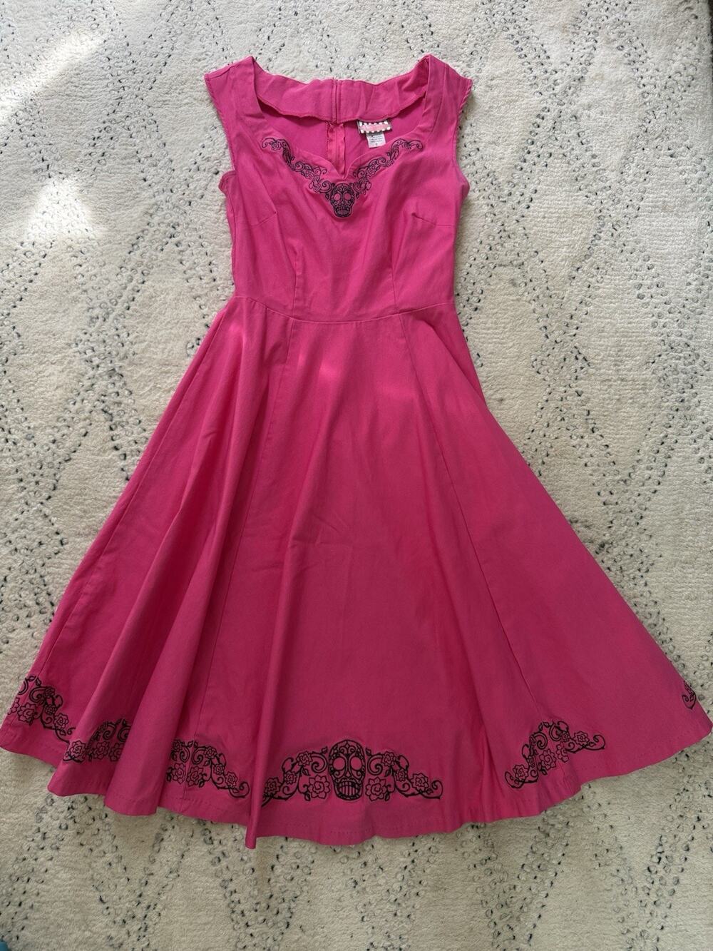 Pinup Couture pink dress skull halloween A line sm vintage